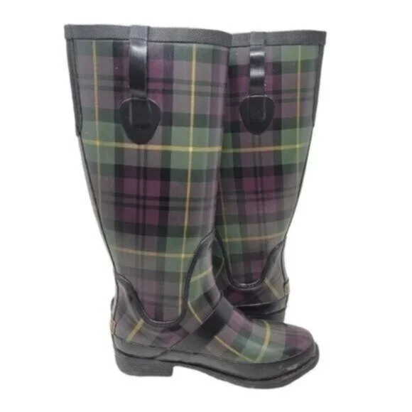 L.L. Bean | Womens Wellies Rain Boots Plaid Purple Green - Picture 3 of 14